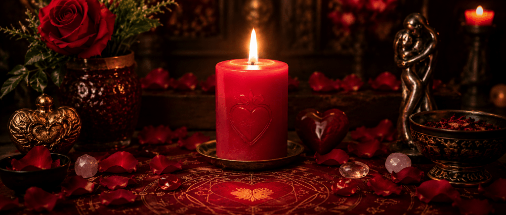 bougie rouge allumée sur un autel dédié à un rituel d'amour spirituel