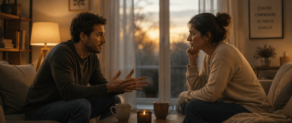 Homme et femme discutant calmement pour comprendre les raisons de leur séparation.