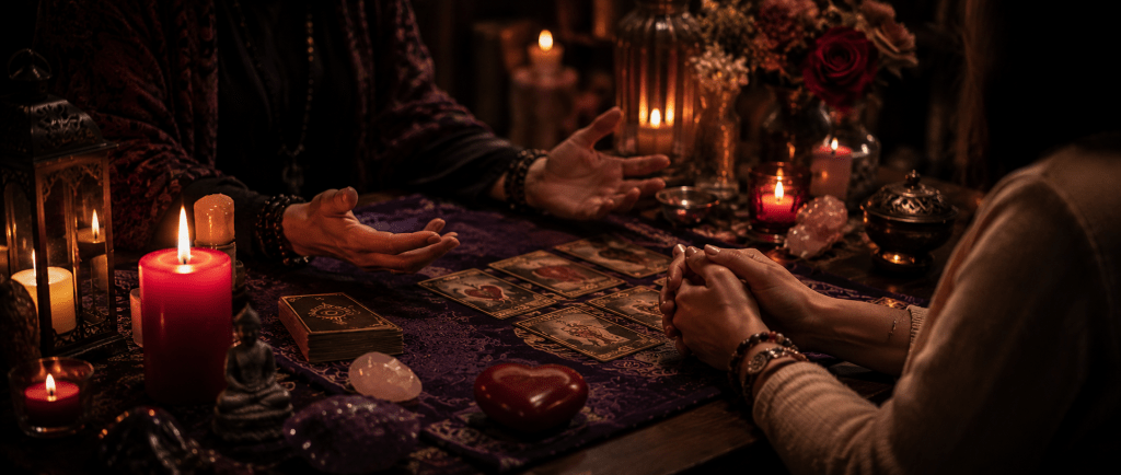 consultation spirituelle avec un voyant médium dans une ambiance apaisante
