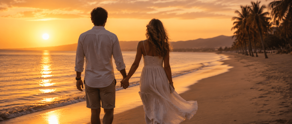couple heureux au coucher du soleil symbolisant une relation amoureuse épanouie après le rituel d'amour puissant