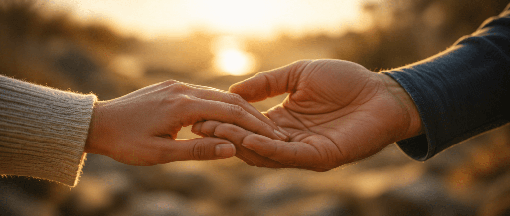 mains d'un couple qui se rejoignent symbolisant la réconciliation et le rapprochement affectif