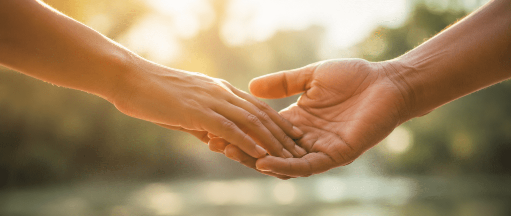 deux personnes se tenant délicatement les mains pour illustrer la réconciliation et le retour de la confiance.