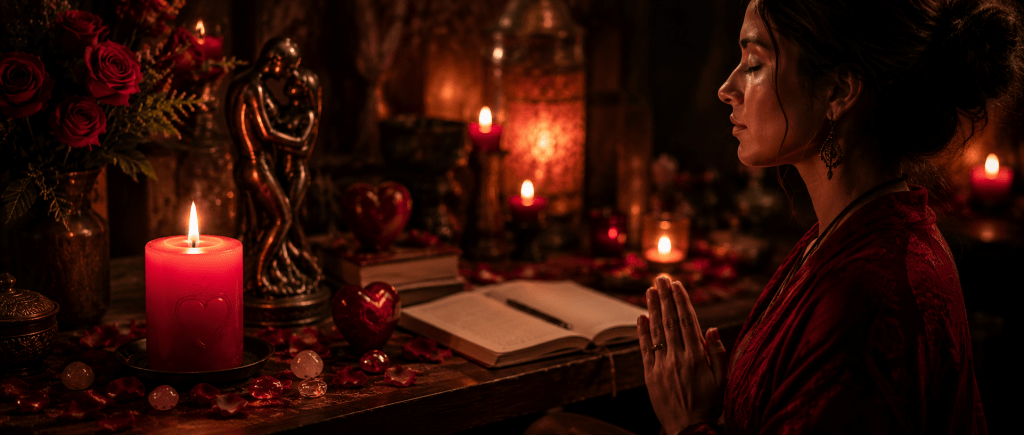 personne méditant devant une bougie rouge pendant un rituel spirituel
