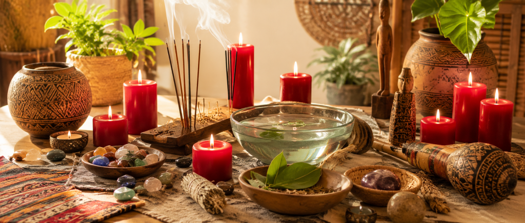 encens, bougies, pierres naturelles et objets spirituels disposés sur une table traditionnelle.