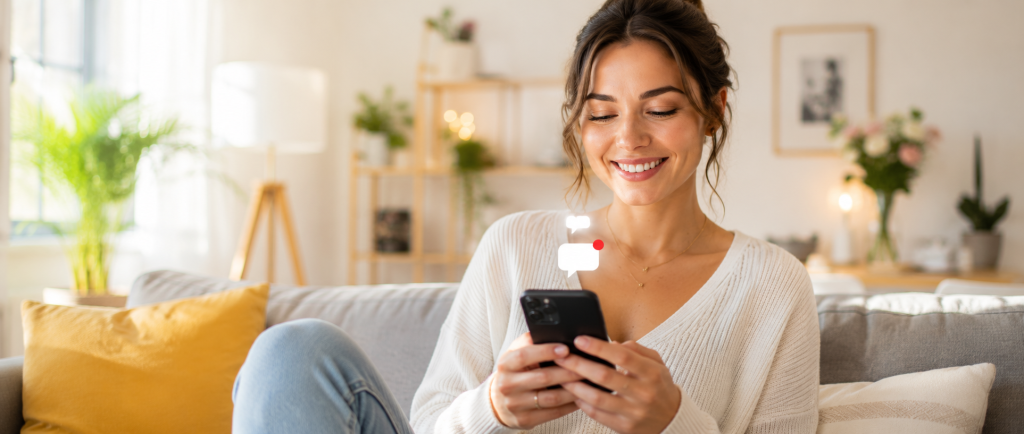personne regardant son téléphone avec émotion après la réception d'un message pouvant évoquer une reprise de contact.