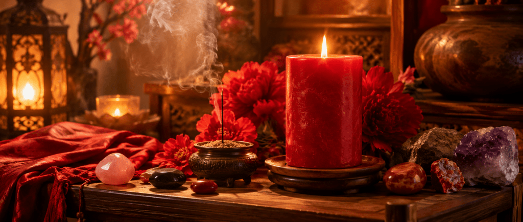 bougie rouge allumée sur un autel traditionnel utilisée dans un rituel de retour affectif pour favoriser la réconciliation amoureuse.