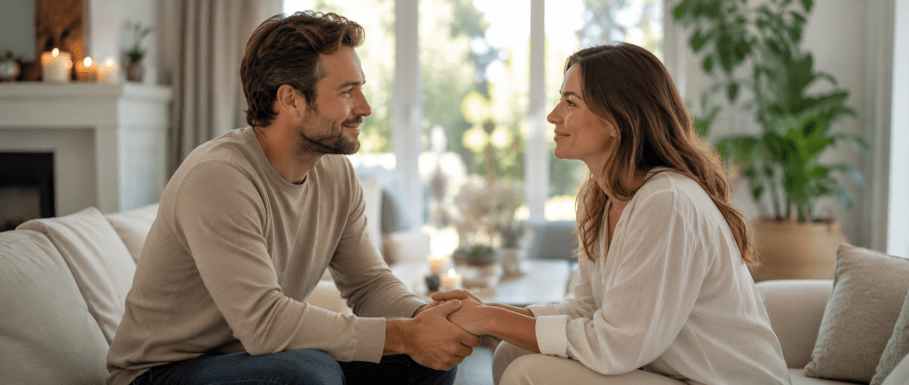 illustration représentant un couple retrouvant un dialogue apaisé après avoir traversé des difficultés sentimentales.