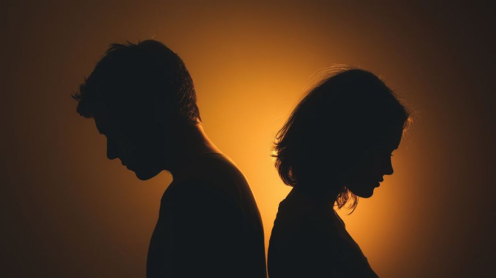 Illustration d’un couple séparé représentant un blocage sentimental lié à un envoûtement amoureux