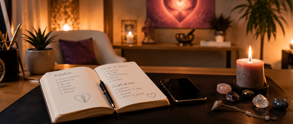 bureau de consultation avec carnet et objets spirituels symbolisant l'analyse des différentes situations de rupture amoureuse
