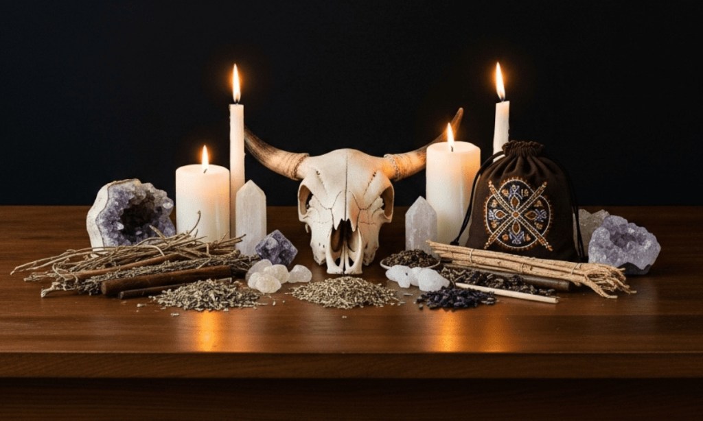 bougies encens et objets spirituels utilisés dans rituel de prospérité marabout