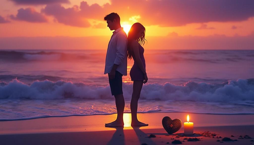 illustration d’un couple séparé après une rupture montrant une phase de reconstruction émotionnelle et de réflexion amoureuse