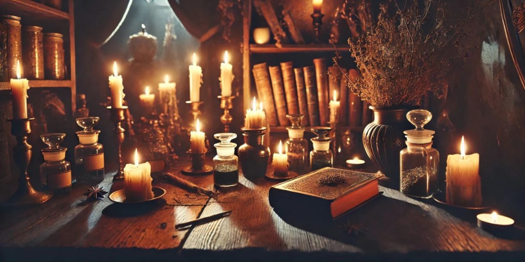 image des éléments nécessaires pour un rituel de retour affectif à distance, incluant des bougies, des herbes et des symboles spirituels.