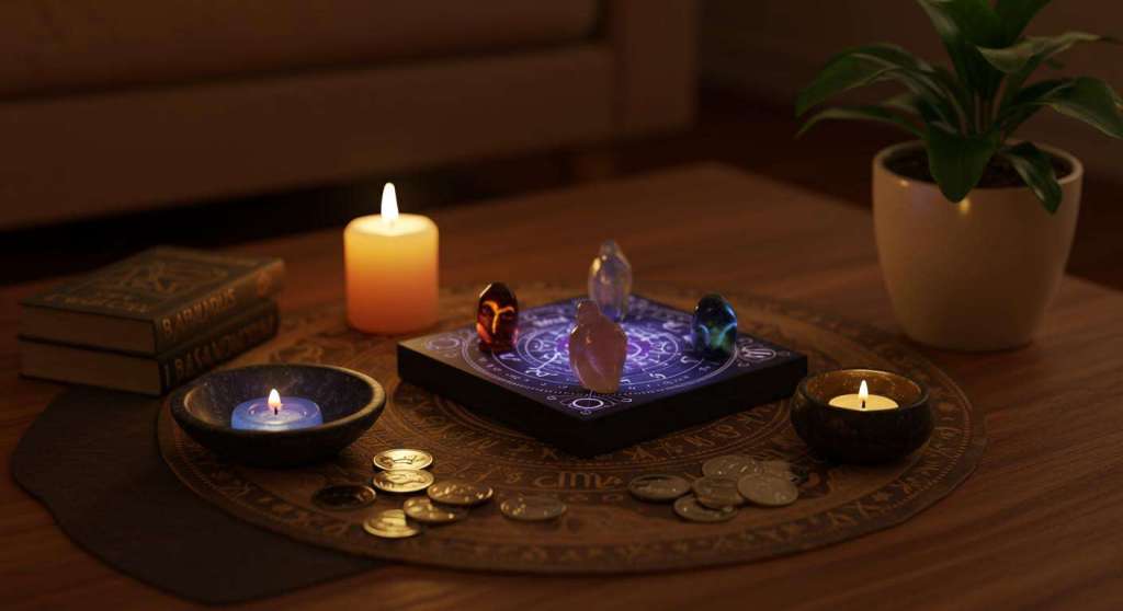 symboles de richesse et de chance : pièces, trèfles et bougies représentant les rituels de fortune du grand marabout puissant Nawan pour le loto et la prospérité