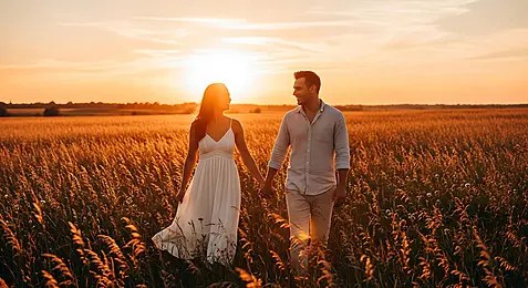 Couple se tenant la main au coucher du soleil, symbolisant l'espoir retrouvé et un avenir amoureux apaisé après accompagnement par le voyant médium Nawan