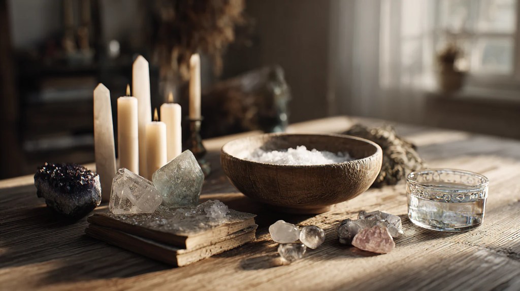 plantes médicinales, cristaux et objets naturels utilisés dans les rituels de magie blanche pour favoriser le retour affectif – pratique du marabout Nawan