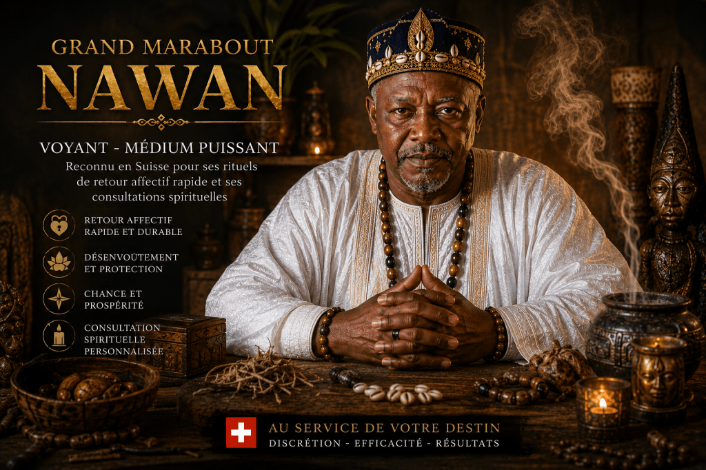 portrait symbolique du Grand Marabout Nawan, voyant médium puissant reconnu en Suisse pour ses rituels de retour affectif rapide et ses consultations spirituelles