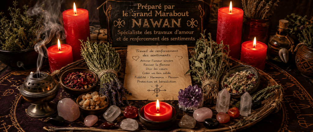 ingrédients sacrés pour rituel amour marabout Nawan : herbes, bougies, huiles essentielles