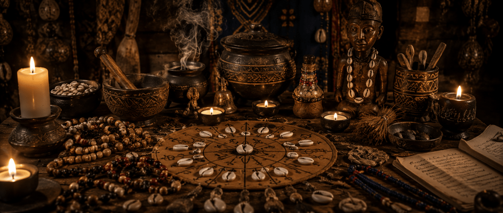 objets rituels africains : cauris, bougies et encens utilisés par le voyant médium Nawan lors de ses consultations spirituelles