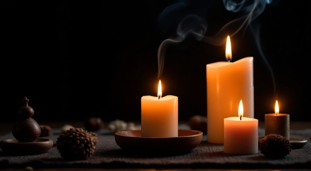 autel rituel du marabout Nawan avec bougies colorées, herbes sacrées, symboles africains et encens, cadre de consultation spirituelle authentique pour rituels de déblocage amoureux