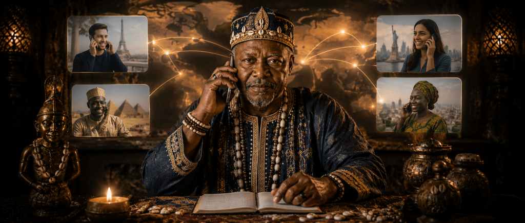carte du monde illuminée de points de connexion symbolisant la disponibilité internationale du grand marabout puissant Nawan pour des consultations à distance