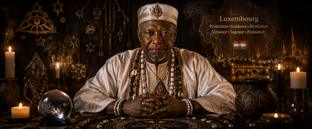  grand marabout puissant Nawan en consultation spirituelle, entouré de symboles mystiques, Luxembourg 