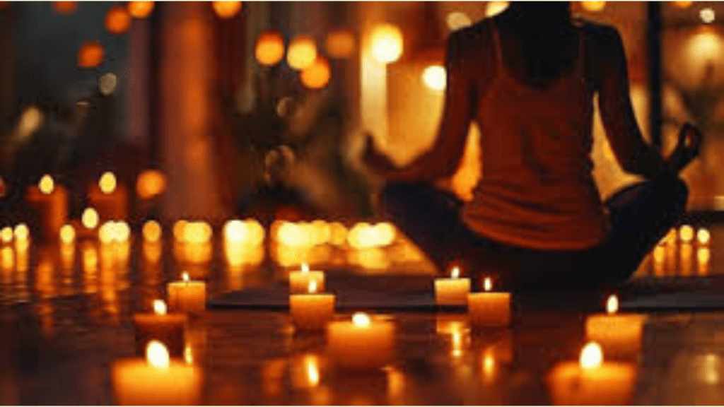 Bougies dorées allumées et symboles rituels africains disposés avec soin, évoquant le travail spirituel de réconciliation amoureuse guidé par le grand marabout puissant Nawan