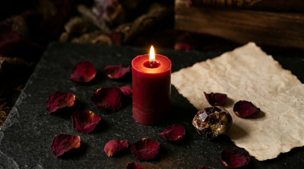 bougies rituelles rouges et roses, herbes sacrées et objets cérémoniels utilisés par le Grand Marabout Nawan lors des rituels de retour affectif pour des consultants en Suisse
