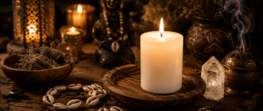 bougie allumée dans une pièce sombre, symbole de rituel de purification