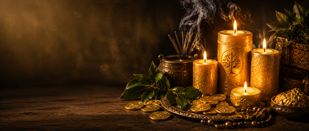 bougies allumées utilisées dans un rituel de chance et d'abondance du marabout Nawan