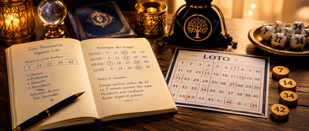 grille de loto et carnet de notes représentant le suivi personnalisé proposé par le voyant Nawan