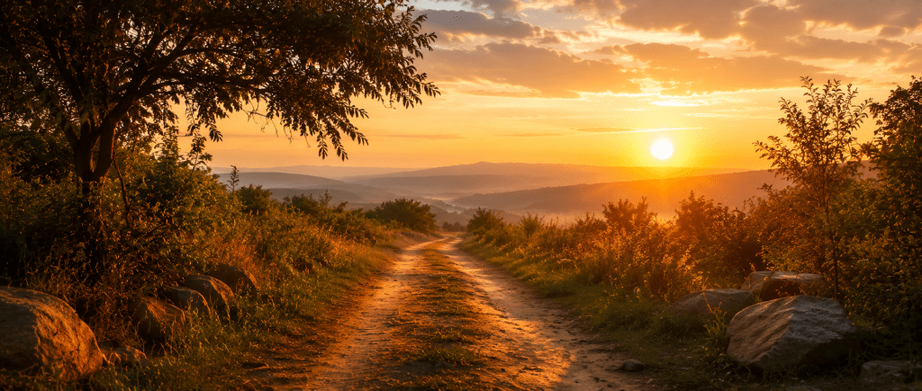 chemin calme au lever du soleil représentant un nouveau départ après l'intervention du grand marabout puissant Nawan 