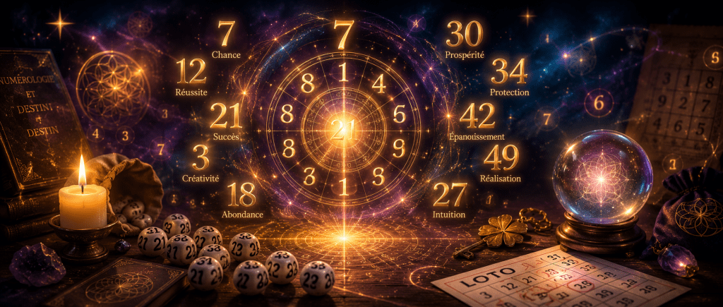 illustration de numéros porte-bonheur et symboles numérologiques liés à la voyance loto