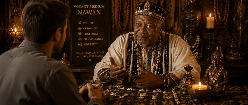 illustration d'un premier contact entre un consultant et le voyant médium Nawan, représentant l'écoute, la confiance et la bienveillance caractéristiques de ses consultations