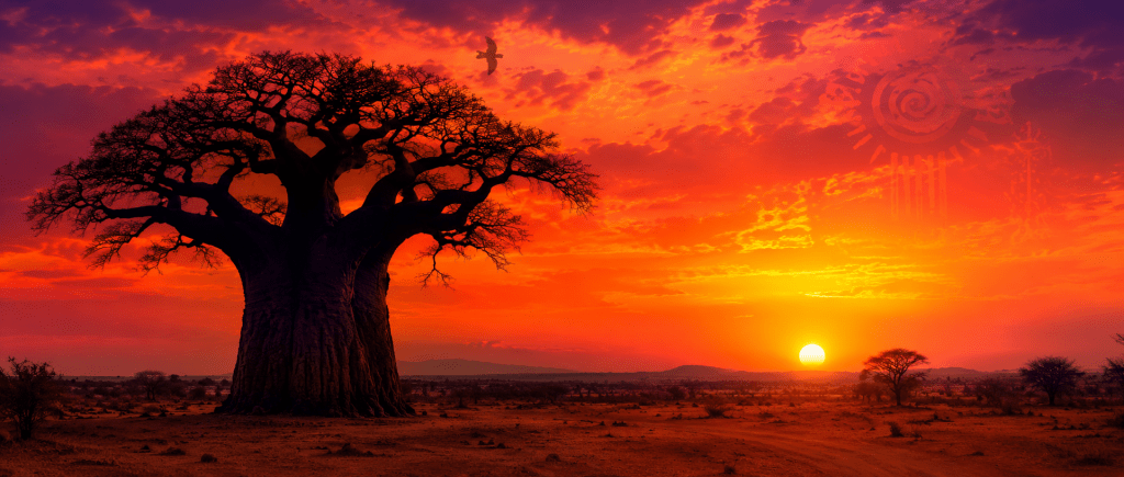 paysage africain au coucher du soleil symbolisant les racines ancestrales du marabout puissant Nawan et sa tradition spirituelle