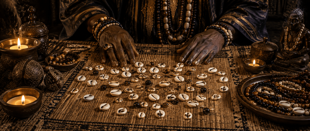 cauris disposés sur une natte lors d'un diagnostic spirituel réalisé par le grand marabout puissant Nawan pour identifier l'origine d'un mauvais œil composite