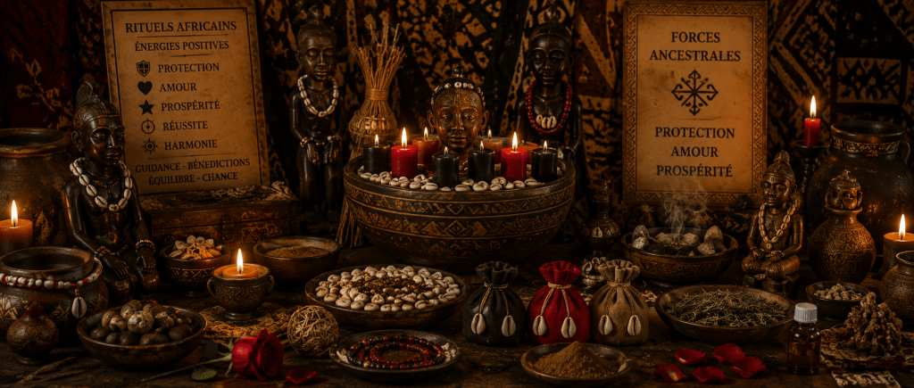 illustration d'un espace rituel africain traditionnel, avec des éléments symboliques de protection, d'amour et de prospérité utilisés par le grand marabout Nawan lors de ses interventions
