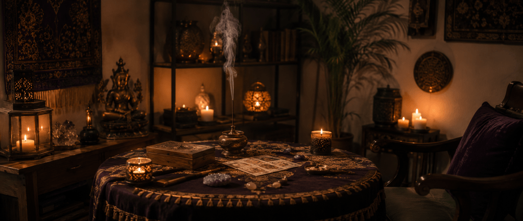 espace de consultation calme avec bougies, encens et objets traditionnels