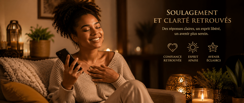 femme souriante et sereine après une consultation avec un voyant médium sérieux, symbolisant le soulagement et la clarté retrouvée