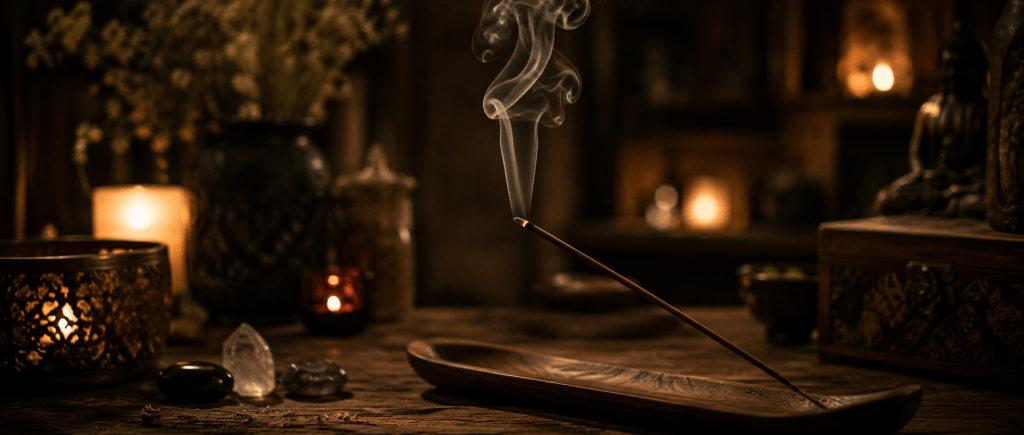 rituel traditionnel avec encens et fumée s'élevant dans une pièce