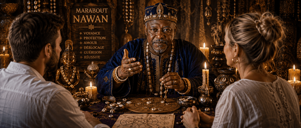  marabout Nawan en consultation spirituelle, entouré de bougies et d'objets rituels, offrant une guidance authentique à ses clients