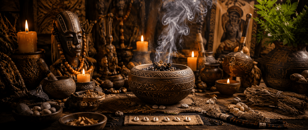 grand marabout Nawan réalisant un rituel spirituel traditionnel avec des éléments naturels et symboliques africains