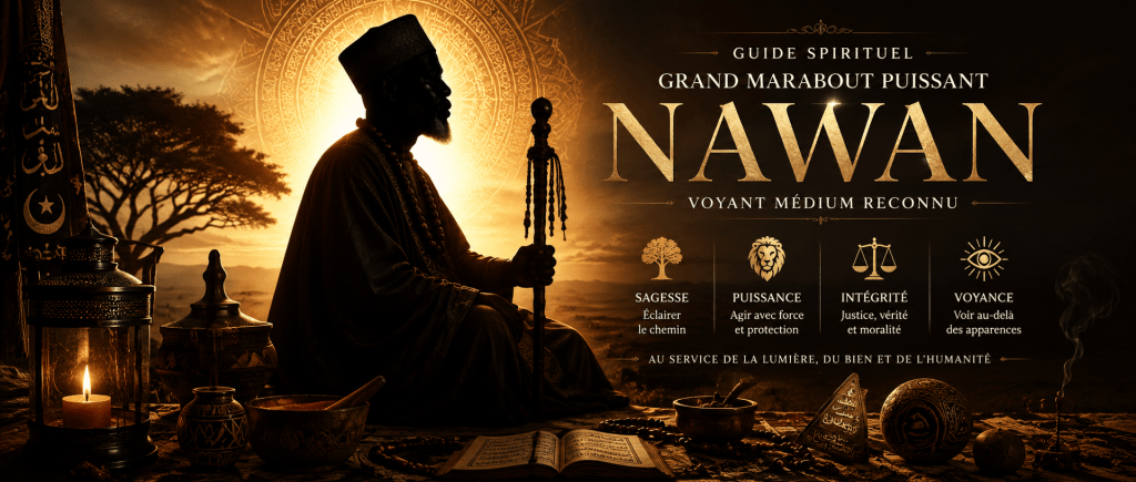 silhouette bienveillante d'un guide spirituel symbolisant la sagesse, la puissance et l'intégrité du grand marabout puissant Nawan, voyant médium reconnu