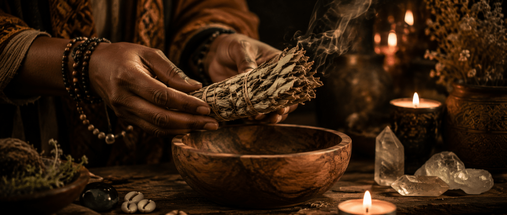 mains tenant des herbes séchées et un bol en bois, éléments traditionnels de rituel