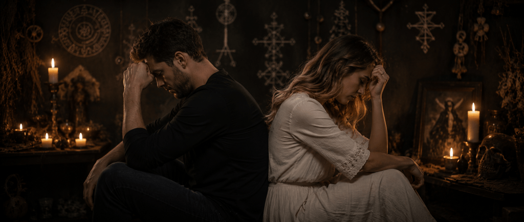 couple dos à dos dans la pénombre, illustrant les effets destructeurs d'un envoûtement amoureux ou d'un sort de séparation