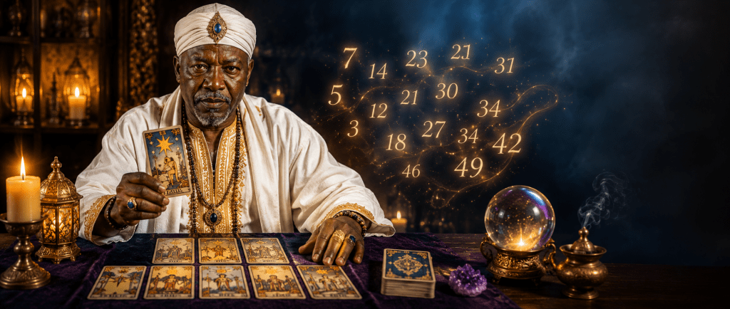 voyant médium disposant des cartes de tarot et symboles numériques lors d'une consultation de voyance loto