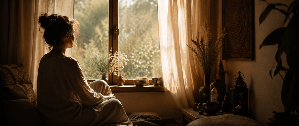 personne assise calmement près d'une fenêtre, lumière douce, moment de réflexion