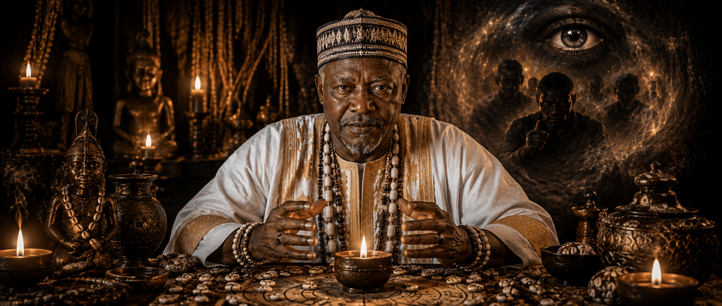 Grand marabout puissant Nawan en consultation nocturne, bougie allumée, concentré sur une perception spirituelle liée au mauvais œil et aux ennemis
