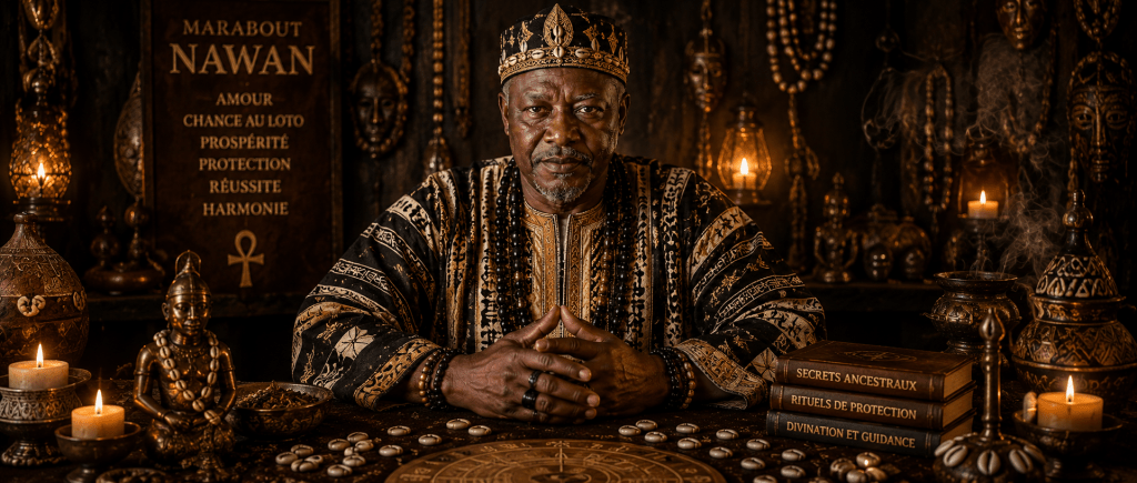 Portrait symbolique du grand marabout puissant voyant médium Nawan dans son espace de travail spirituel, transmettant sérénité et autorité bienveillante