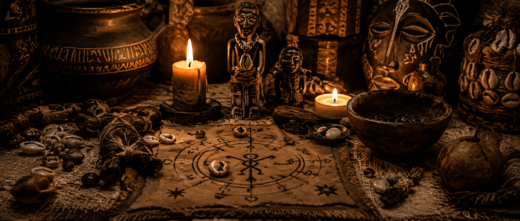  symboles ésotériques et objets rituels représentant la pratique de l'envoûtement dans les traditions spirituelles africaines