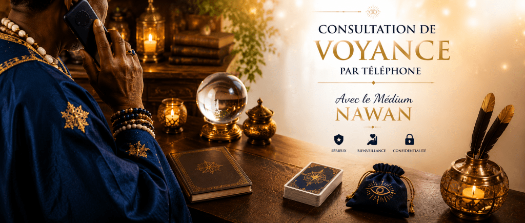 voyant médium Nawan en consultation téléphonique avec un consultant, ambiance chaleureuse et rassurante